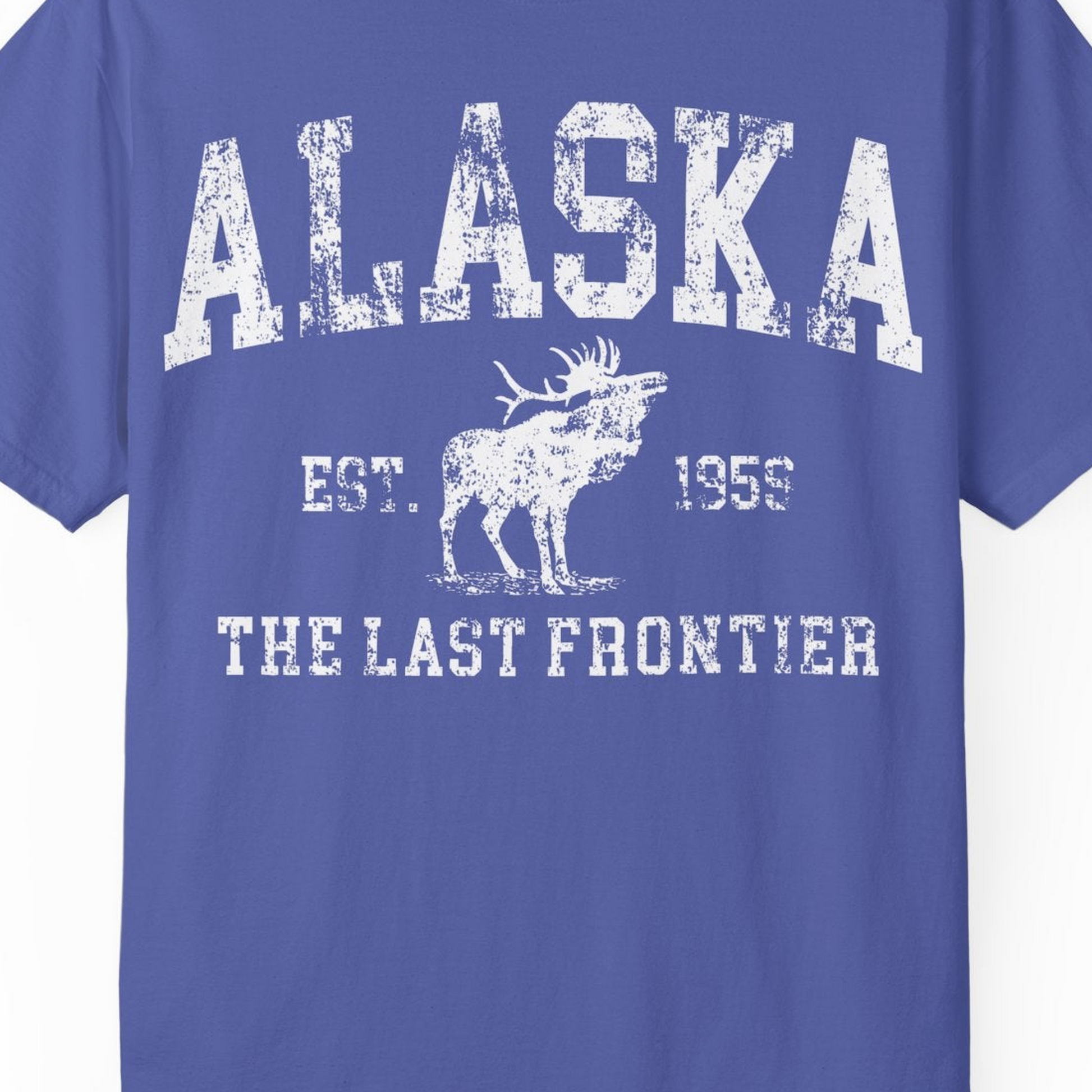 Vintage Alaska Moose Shirt Comfort Colors T-Shirt – Periwinkle – Alaska Cruise Shirts Close Up