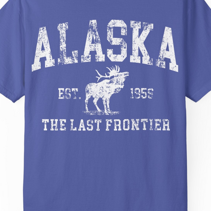 Vintage Alaska Moose Shirt Comfort Colors T-Shirt – Periwinkle – Alaska Cruise Shirts Close Up