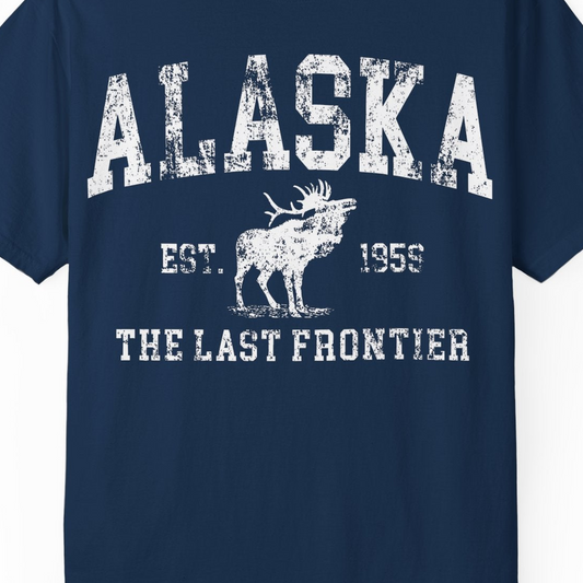 Vintage Alaska Moose Shirt Comfort Colors T-Shirt – Navy – Alaska Cruise Shirts Close Up