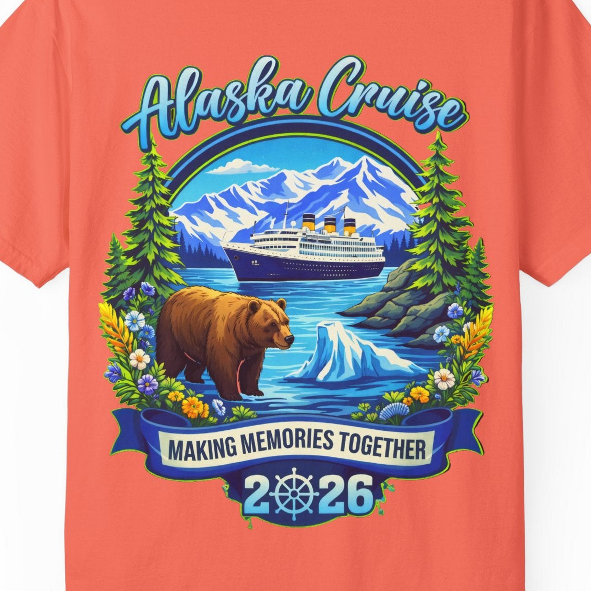 Alaska Cruise 2026 Family Shirt Comfort Colors T-Shirt – Bright Salmon – Alaska Cruise Shirts Close Up