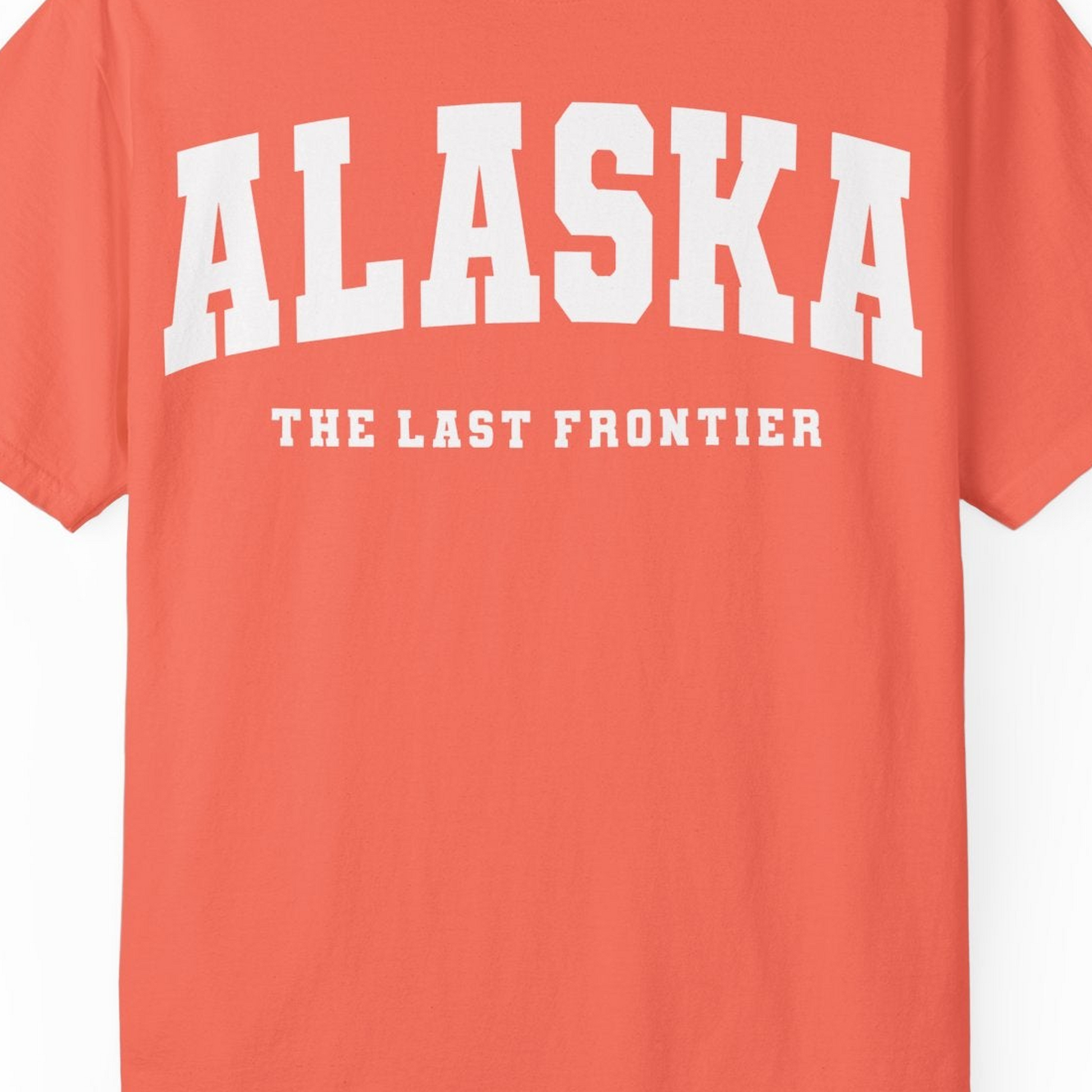 Alaska The Last Frontier Bold Collegiate Vintage State Pride Shirt — Comfort Comfort Colors T-Shirt – Bright Salmon – Alaska Cruise Shirts Close Up