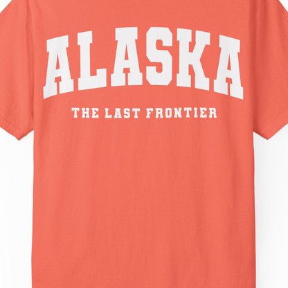 Alaska The Last Frontier Bold Collegiate Vintage State Pride Shirt — Comfort Comfort Colors T-Shirt – Bright Salmon – Alaska Cruise Shirts Close Up
