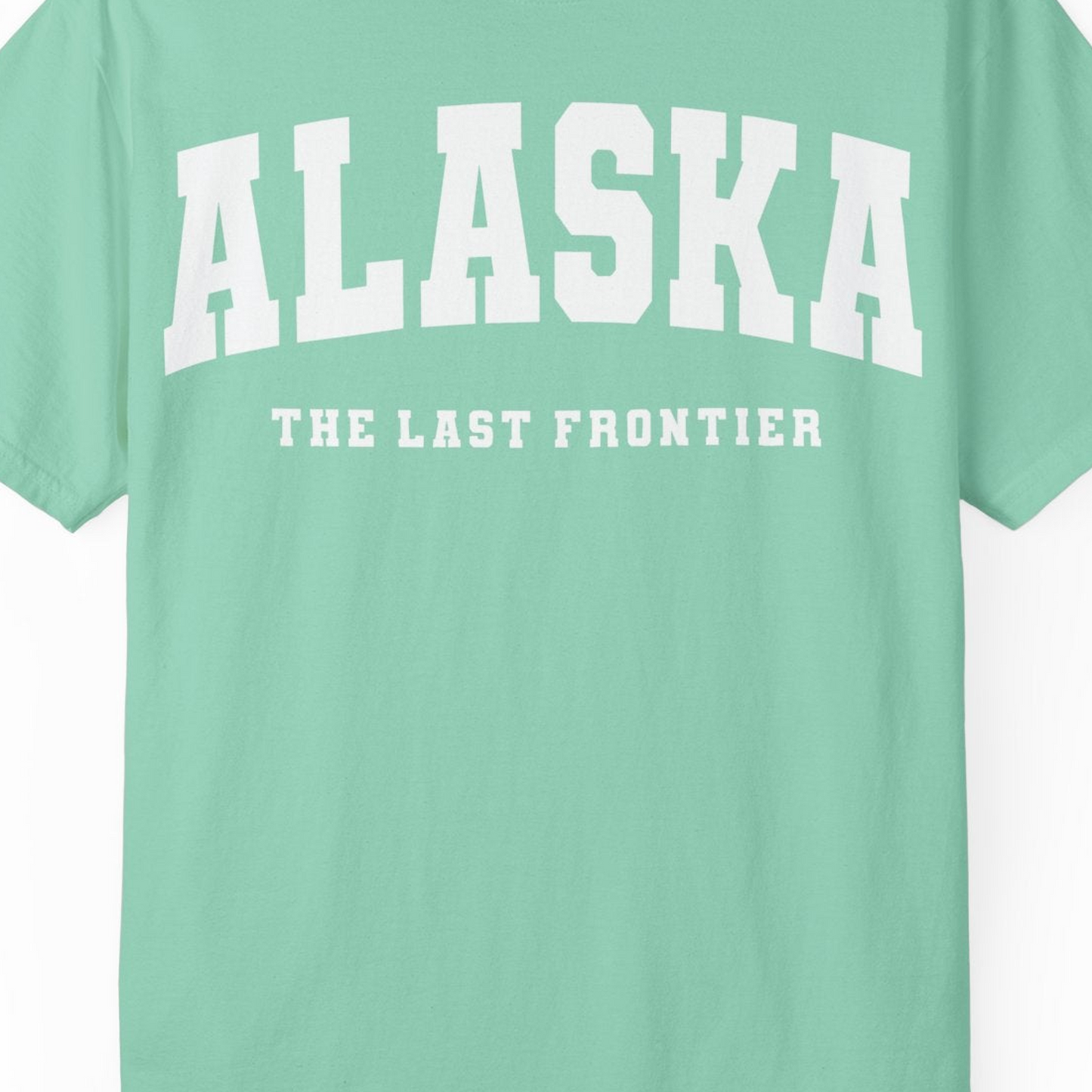 Alaska The Last Frontier Bold Collegiate Vintage State Pride Shirt — Comfort Comfort Colors T-Shirt – Island Reef – Alaska Cruise Shirts Close Up