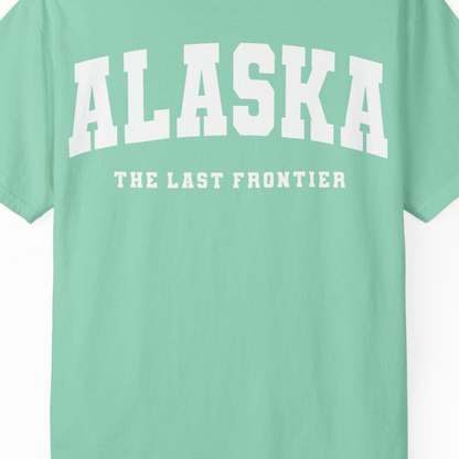 Alaska The Last Frontier Bold Collegiate Vintage State Pride Shirt — Comfort Comfort Colors T-Shirt – Island Reef – Alaska Cruise Shirts Close Up