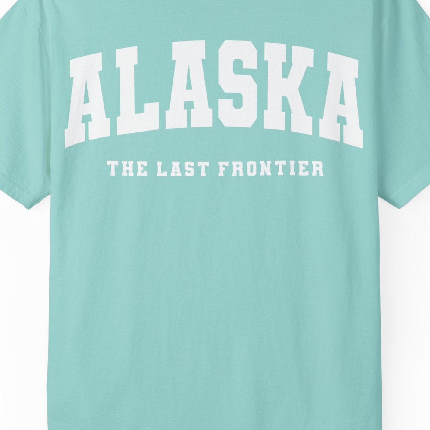 Alaska The Last Frontier Bold Collegiate Vintage State Pride Shirt — Comfort Comfort Colors T-Shirt – Chalky Mint – Alaska Cruise Shirts Close Up