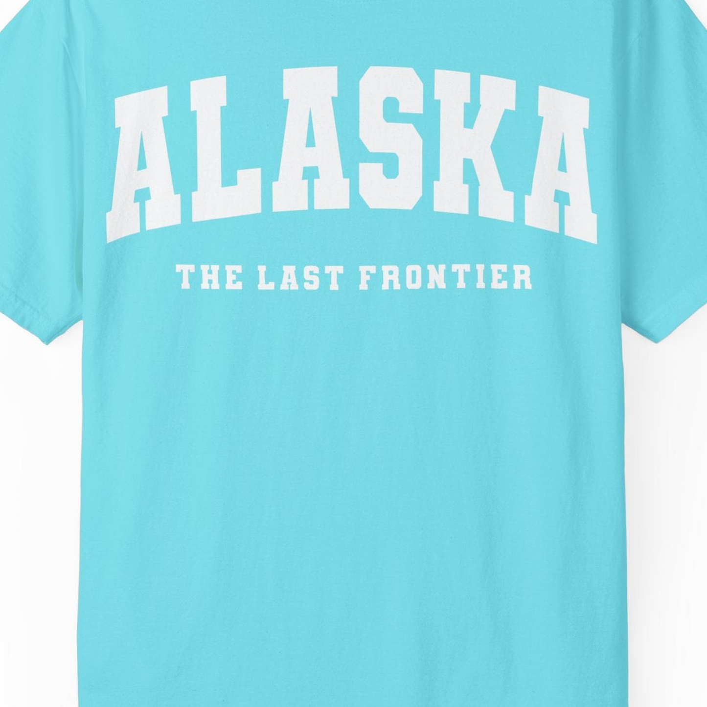 Alaska The Last Frontier Bold Collegiate Vintage State Pride Shirt — Comfort Comfort Colors T-Shirt – Lagoon Blue – Alaska Cruise Shirts Close Up