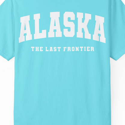 Alaska The Last Frontier Bold Collegiate Vintage State Pride Shirt — Comfort Comfort Colors T-Shirt – Lagoon Blue – Alaska Cruise Shirts Close Up