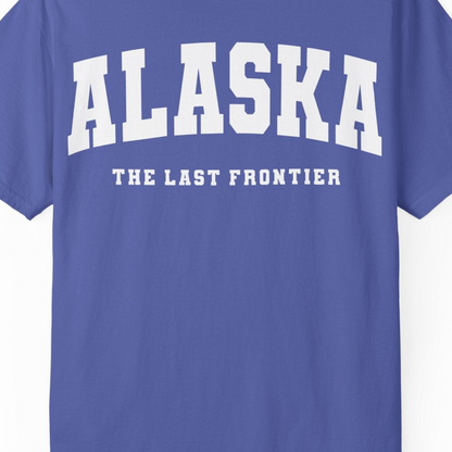 Alaska The Last Frontier Bold Collegiate Vintage State Pride Shirt — Comfort Comfort Colors T-Shirt – Periwinkle – Alaska Cruise Shirts Close Up