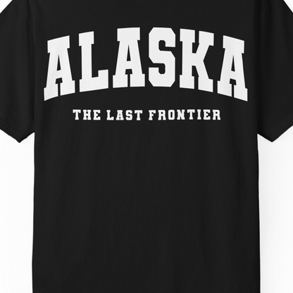 Alaska The Last Frontier Bold Collegiate Vintage State Pride Shirt — Comfort Comfort Colors T-Shirt – Black – Alaska Cruise Shirts Close Up