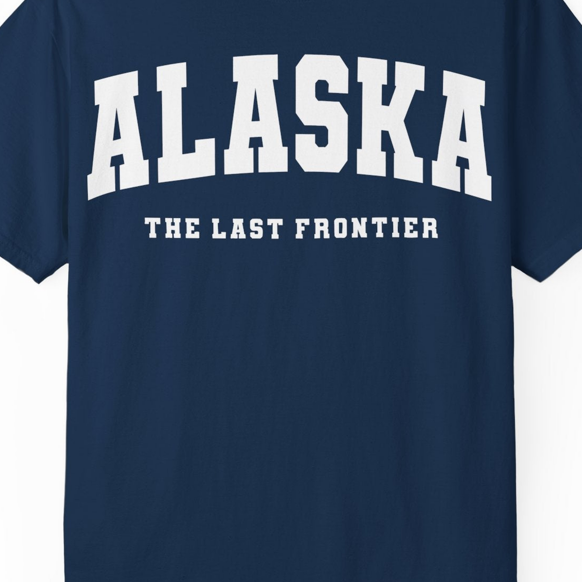 Alaska The Last Frontier Bold Collegiate Vintage State Pride Shirt — Comfort Comfort Colors T-Shirt – Navy – Alaska Cruise Shirts Close Up