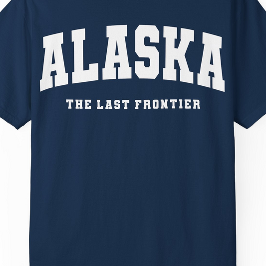 Alaska The Last Frontier Bold Collegiate Vintage State Pride Shirt — Comfort Comfort Colors T-Shirt – Navy – Alaska Cruise Shirts Close Up