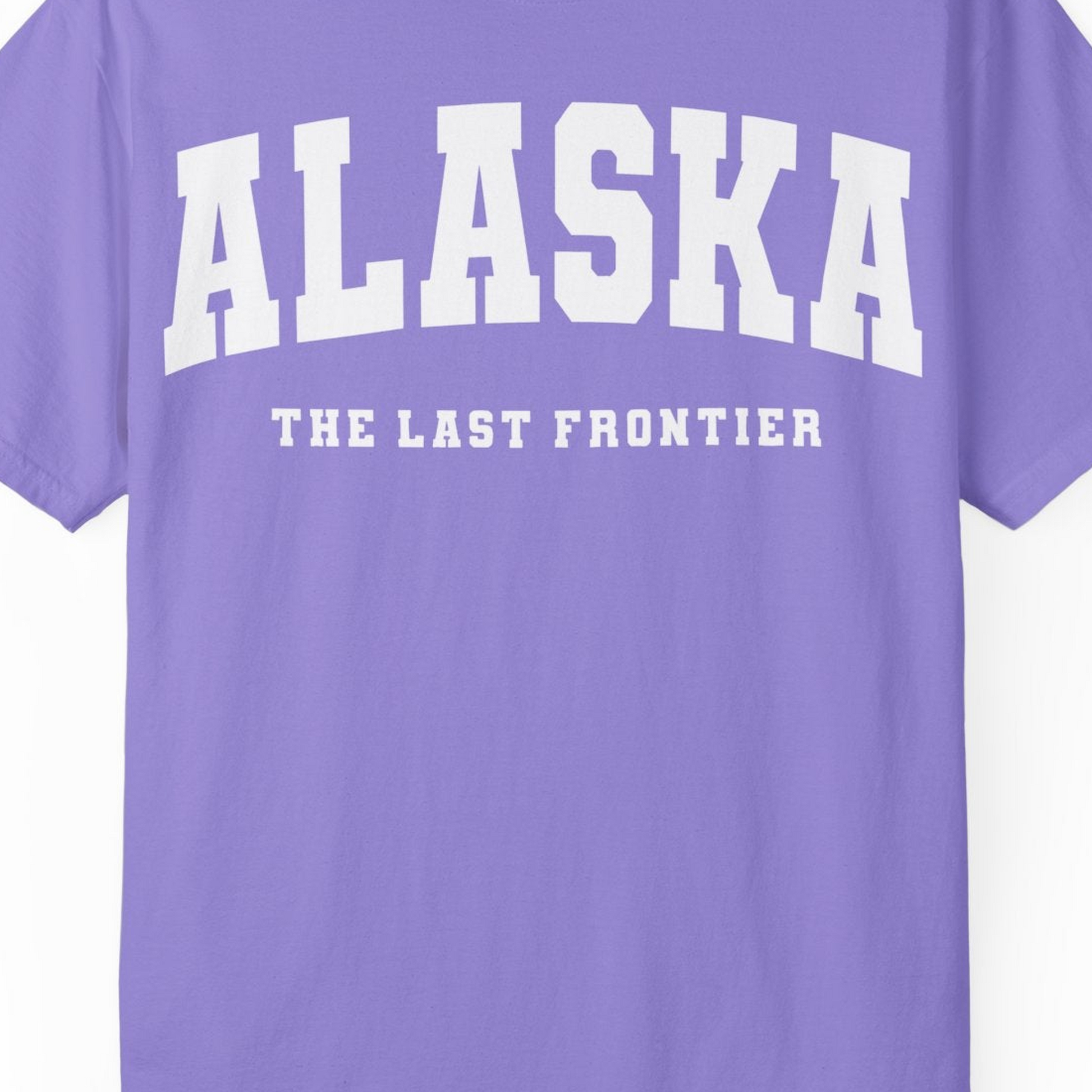 Alaska The Last Frontier Bold Collegiate Vintage State Pride Shirt — Comfort Comfort Colors T-Shirt – Violet – Alaska Cruise Shirts Close Up