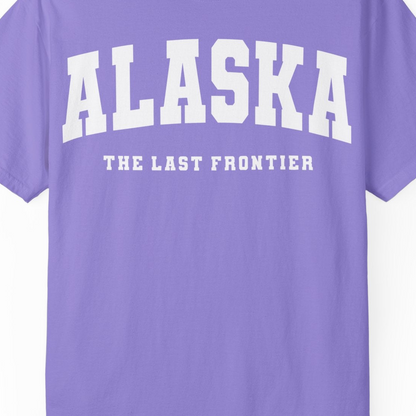 Alaska The Last Frontier Bold Collegiate Vintage State Pride Shirt — Comfort Comfort Colors T-Shirt – Violet – Alaska Cruise Shirts Close Up