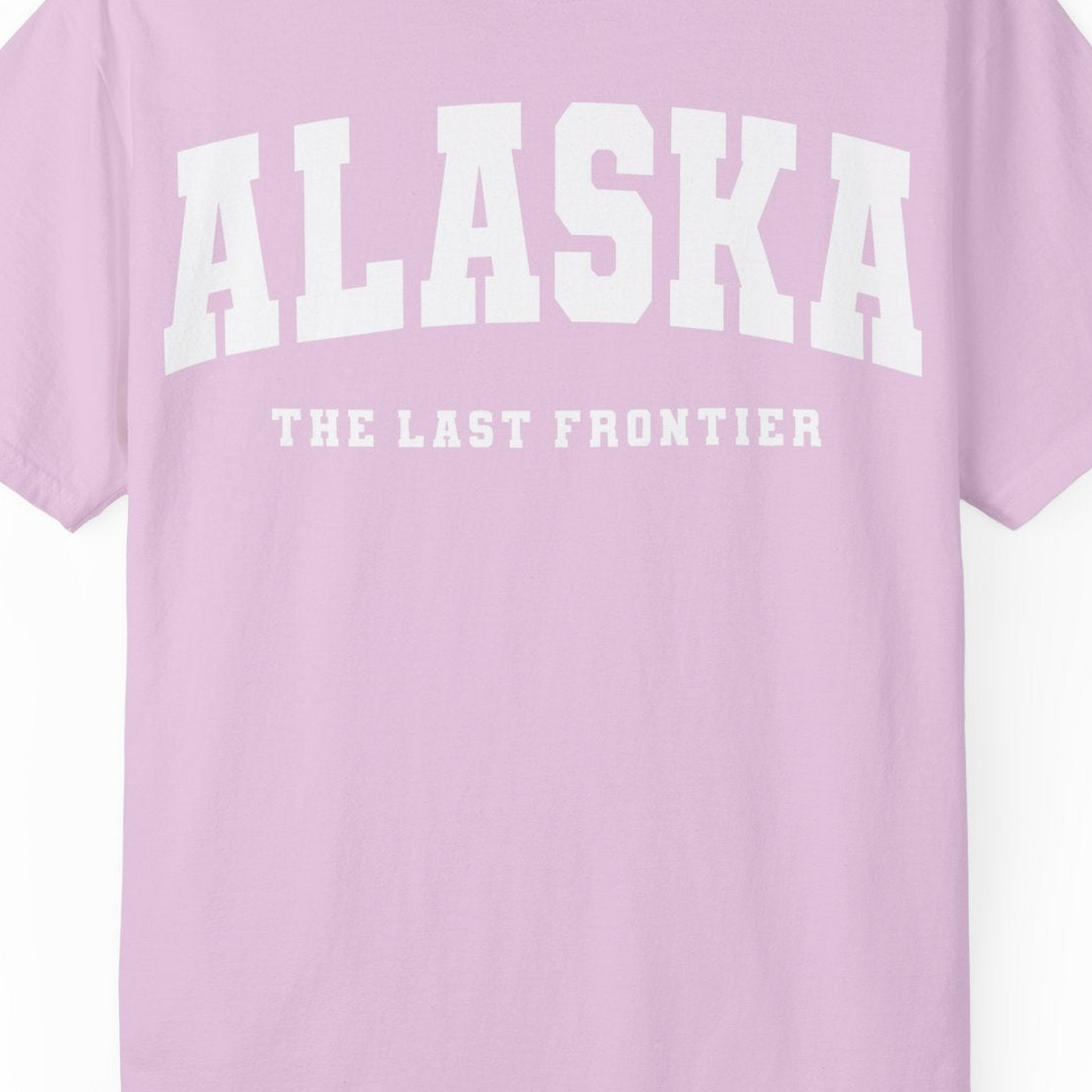 Alaska The Last Frontier Bold Collegiate Vintage State Pride Shirt — Comfort Comfort Colors T-Shirt – Orchid – Alaska Cruise Shirts Close Up