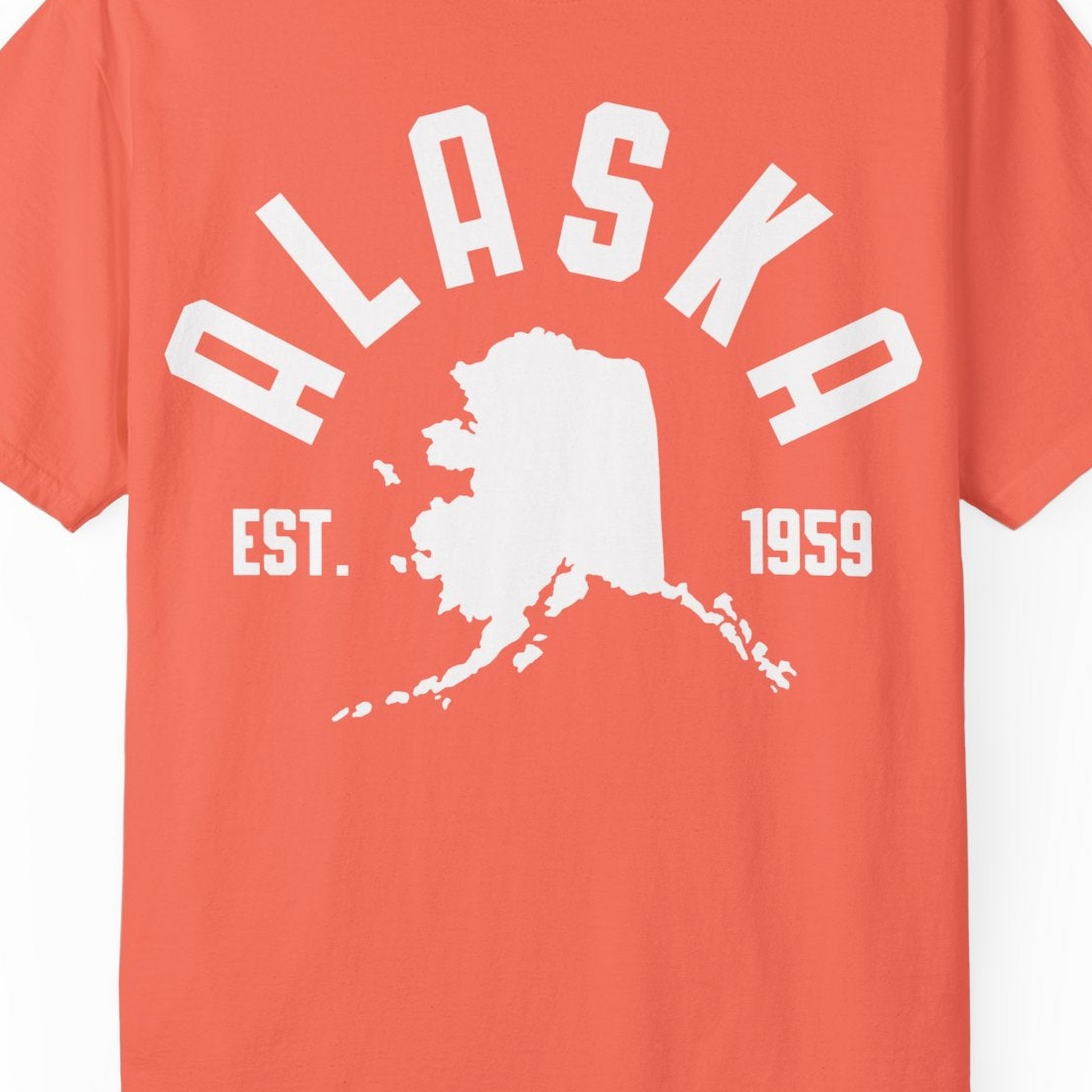 Vintage Alaska State Outline Est 1959 Retro Collegiate Shirt — Comfort Comfort Colors T-Shirt – Bright Salmon – Alaska Cruise Shirts Close Up