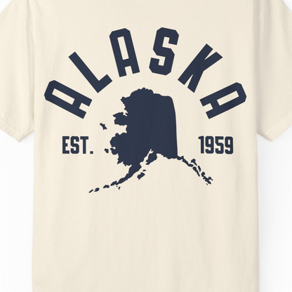 Vintage Alaska State Outline Est 1959 Retro Collegiate Shirt — Comfort Comfort Colors T-Shirt – Ivory – Alaska Cruise Shirts Close Up