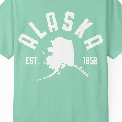 Vintage Alaska State Outline Est 1959 Retro Collegiate Shirt — Comfort Comfort Colors T-Shirt – Island Reef – Alaska Cruise Shirts Close Up