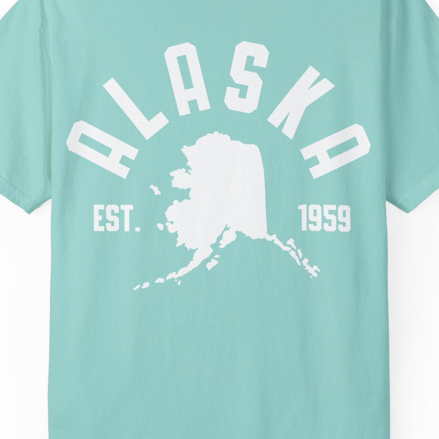 Vintage Alaska State Outline Est 1959 Retro Collegiate Shirt — Comfort Comfort Colors T-Shirt – Chalky Mint – Alaska Cruise Shirts Close Up