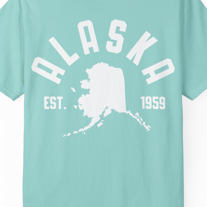 Vintage Alaska State Outline Est 1959 Retro Collegiate Shirt — Comfort Comfort Colors T-Shirt – Chalky Mint – Alaska Cruise Shirts Close Up