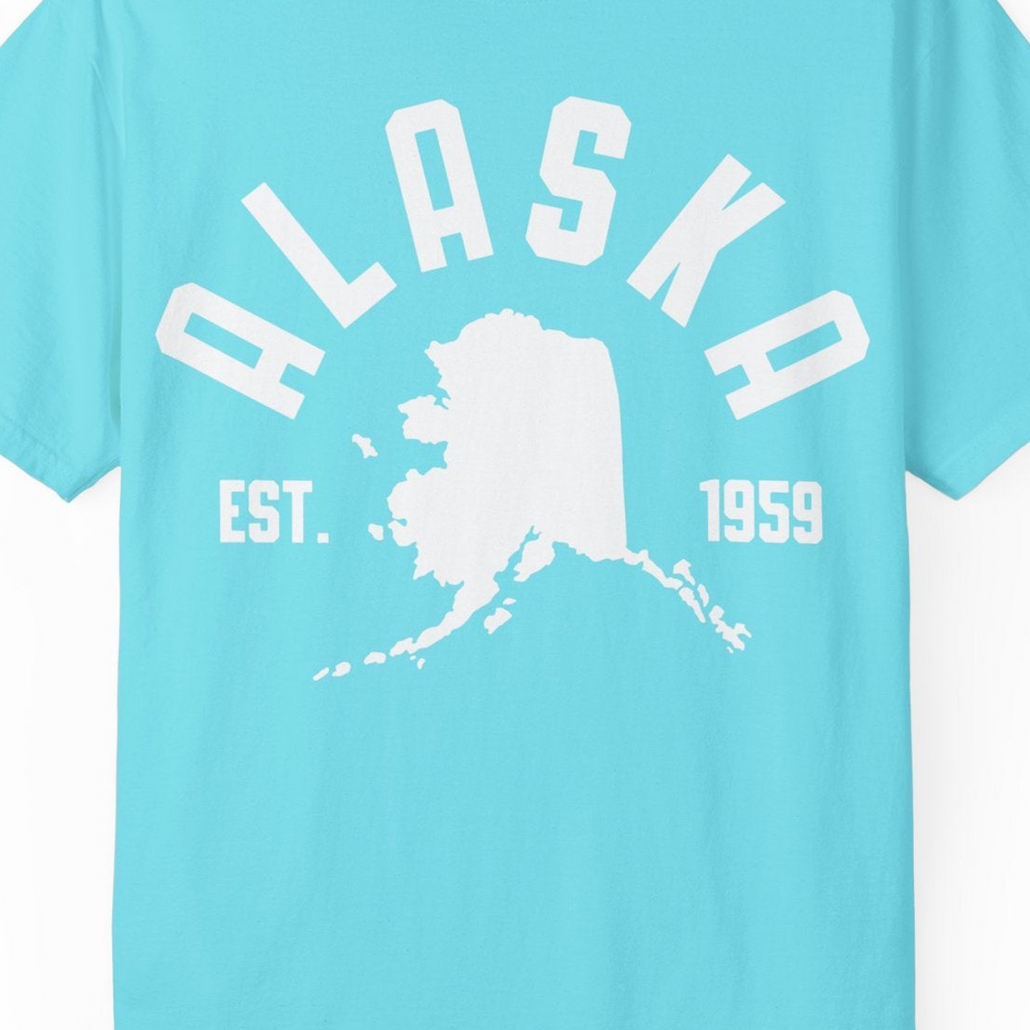 Vintage Alaska State Outline Est 1959 Retro Collegiate Shirt — Comfort Comfort Colors T-Shirt – Lagoon Blue – Alaska Cruise Shirts Close Up