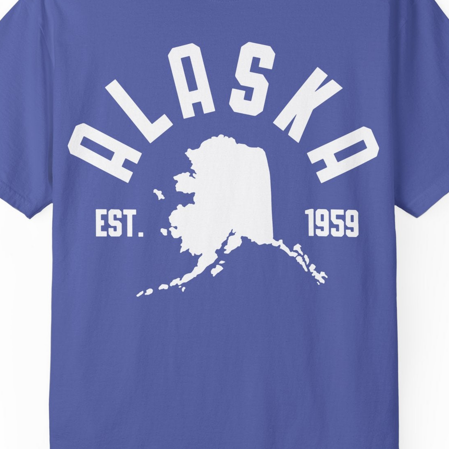 Vintage Alaska State Outline Est 1959 Retro Collegiate Shirt — Comfort Comfort Colors T-Shirt – Periwinkle – Alaska Cruise Shirts Close Up