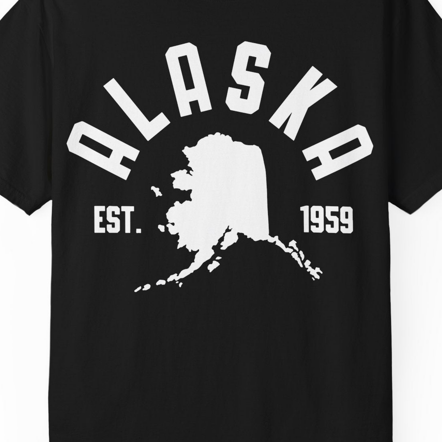 Vintage Alaska State Outline Est 1959 Retro Collegiate Shirt — Comfort Comfort Colors T-Shirt – Black – Alaska Cruise Shirts Close Up