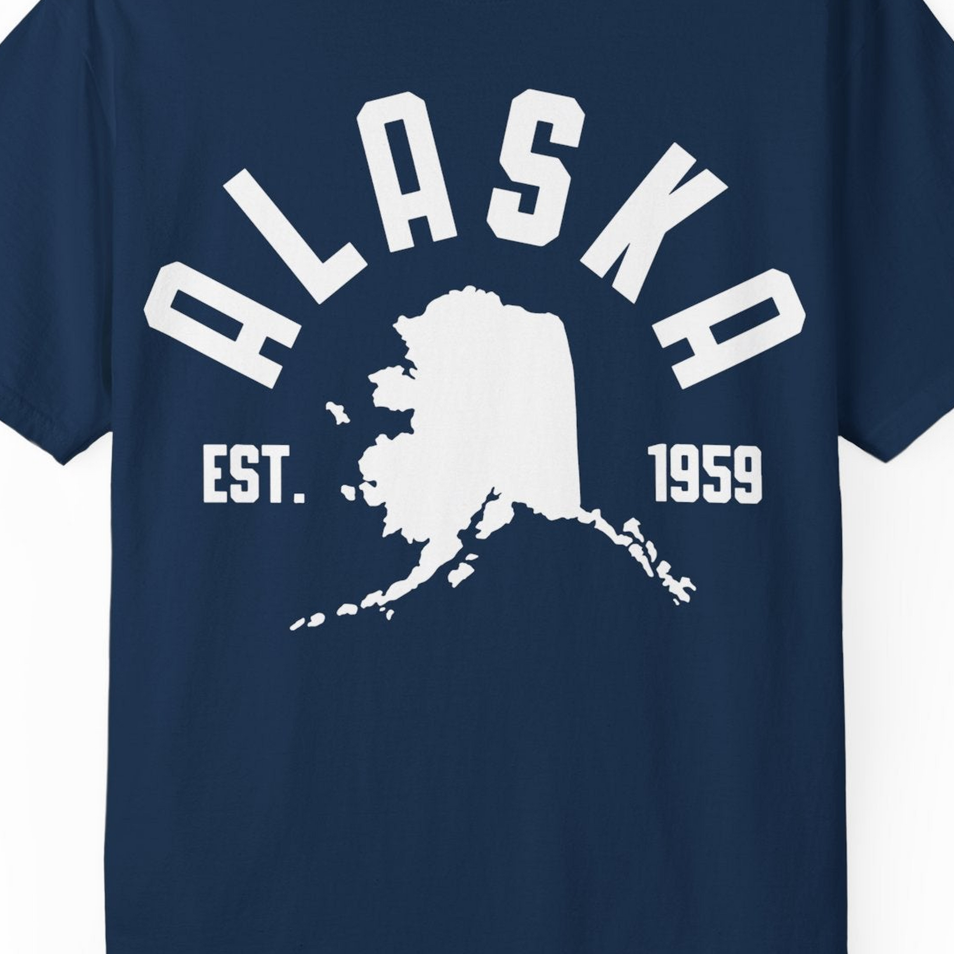 Vintage Alaska State Outline Est 1959 Retro Collegiate Shirt — Comfort Comfort Colors T-Shirt – Navy – Alaska Cruise Shirts Close Up