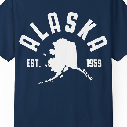 Vintage Alaska State Outline Est 1959 Retro Collegiate Shirt — Comfort Comfort Colors T-Shirt – Navy – Alaska Cruise Shirts Close Up