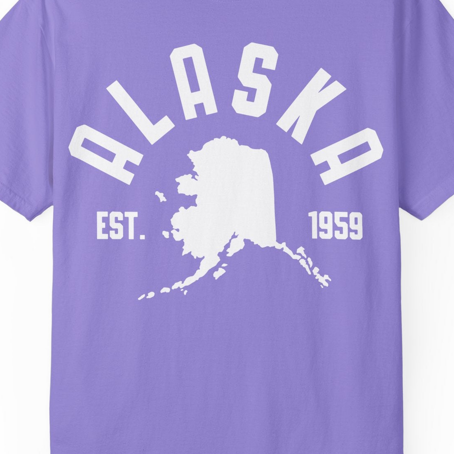 Vintage Alaska State Outline Est 1959 Retro Collegiate Shirt — Comfort Comfort Colors T-Shirt – Violet – Alaska Cruise Shirts Close Up