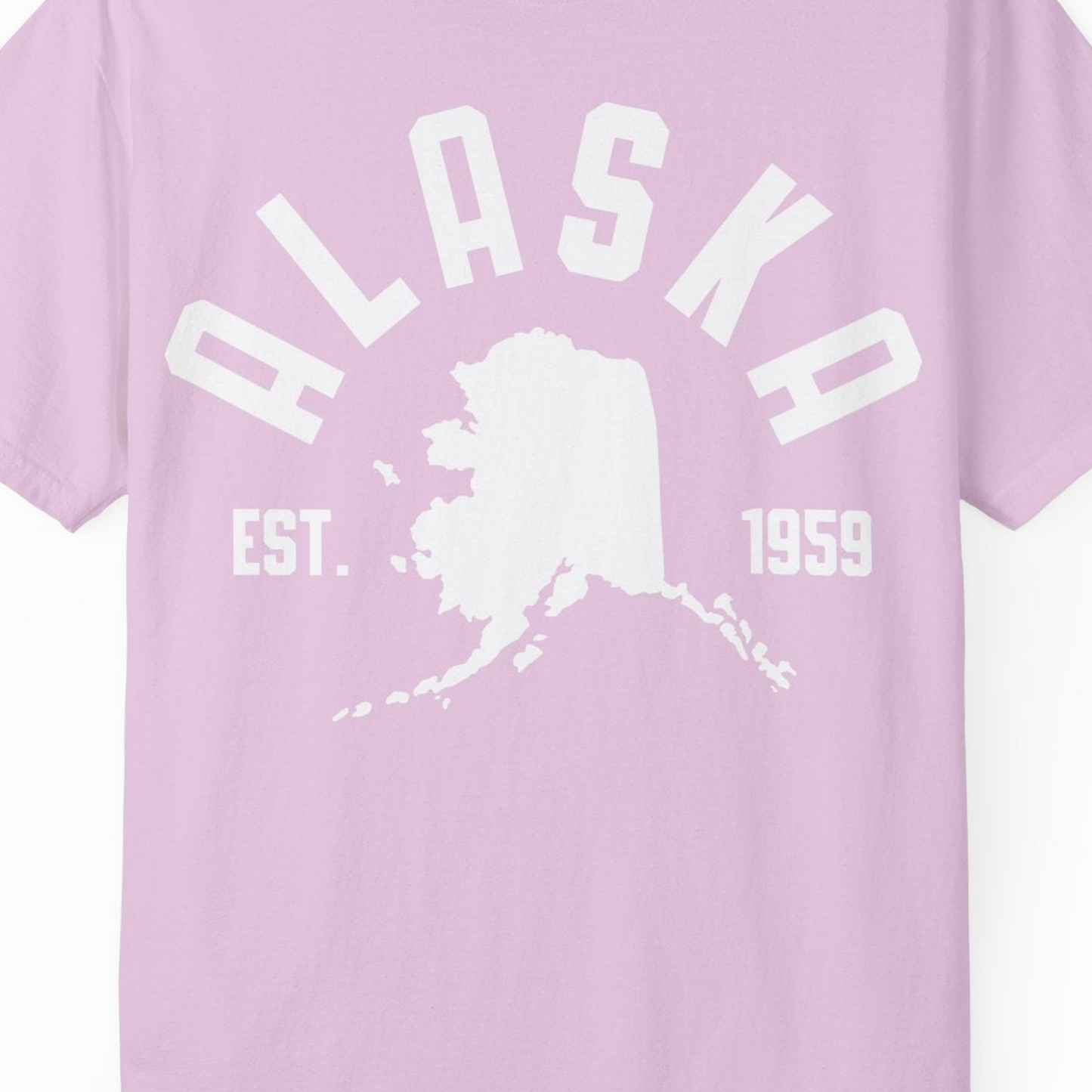 Vintage Alaska State Outline Est 1959 Retro Collegiate Shirt — Comfort Comfort Colors T-Shirt – Orchid – Alaska Cruise Shirts Close Up