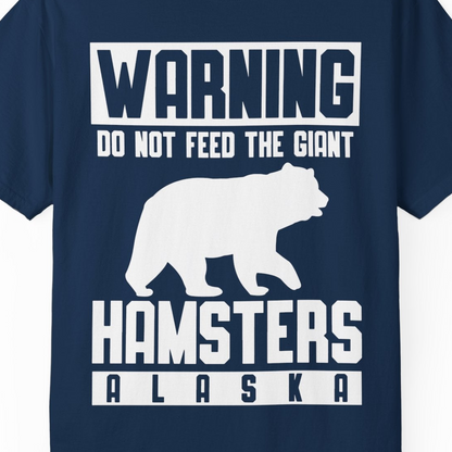 Funny Alaska Bear Giant Hamster Warning Sign Shirt for Travelers — Comfort Comfort Colors T-Shirt – Navy – Alaska Cruise Shirts Close Up