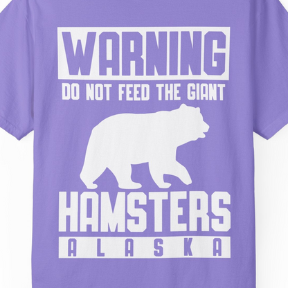 Funny Alaska Bear Giant Hamster Warning Sign Shirt for Travelers — Comfort Comfort Colors T-Shirt – Violet – Alaska Cruise Shirts Close Up
