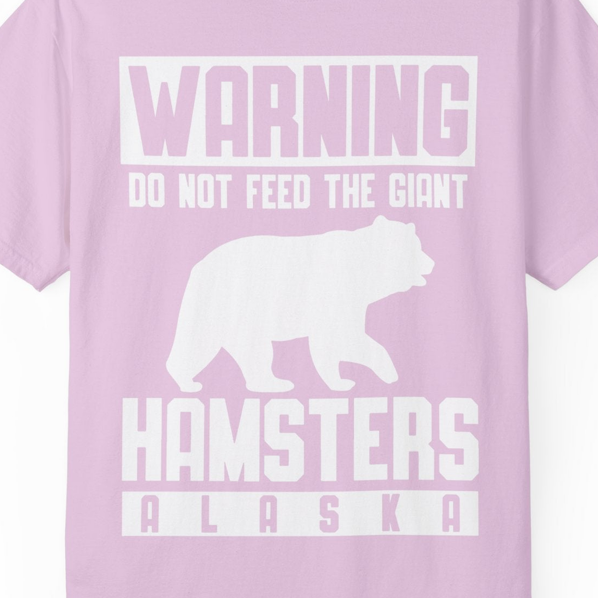 Funny Alaska Bear Giant Hamster Warning Sign Shirt for Travelers — Comfort Comfort Colors T-Shirt – Orchid – Alaska Cruise Shirts Close Up