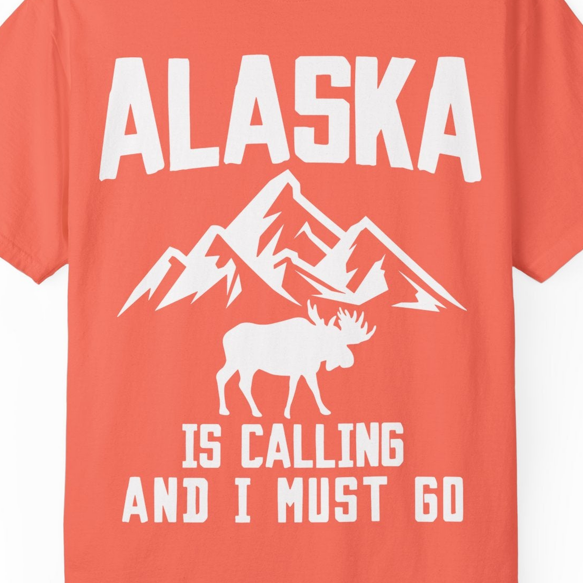 Alaska Is Calling Moose Mountains Adventure Silhouette Nature Shirt — Comfort Comfort Colors T-Shirt – Bright Salmon – Alaska Cruise Shirts Close Up
