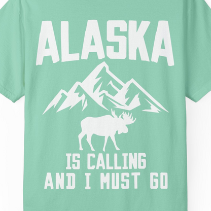 Alaska Is Calling Moose Mountains Adventure Silhouette Nature Shirt — Comfort Comfort Colors T-Shirt – Island Reef – Alaska Cruise Shirts Close Up