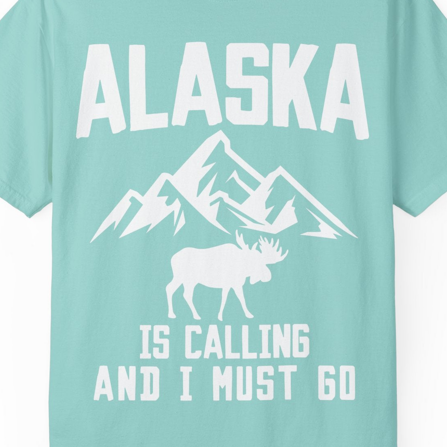 Alaska Is Calling Moose Mountains Adventure Silhouette Nature Shirt — Comfort Comfort Colors T-Shirt – Chalky Mint – Alaska Cruise Shirts Close Up