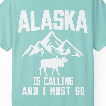 Alaska Is Calling Moose Mountains Adventure Silhouette Nature Shirt — Comfort Comfort Colors T-Shirt – Chalky Mint – Alaska Cruise Shirts Close Up