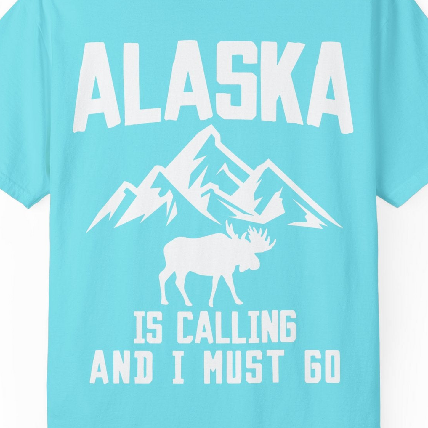 Alaska Is Calling Moose Mountains Adventure Silhouette Nature Shirt — Comfort Comfort Colors T-Shirt – Lagoon Blue – Alaska Cruise Shirts Close Up