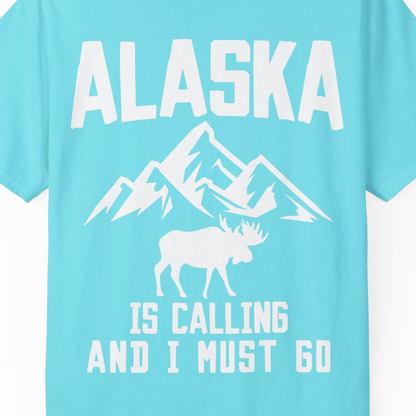 Alaska Is Calling Moose Mountains Adventure Silhouette Nature Shirt — Comfort Comfort Colors T-Shirt – Lagoon Blue – Alaska Cruise Shirts Close Up