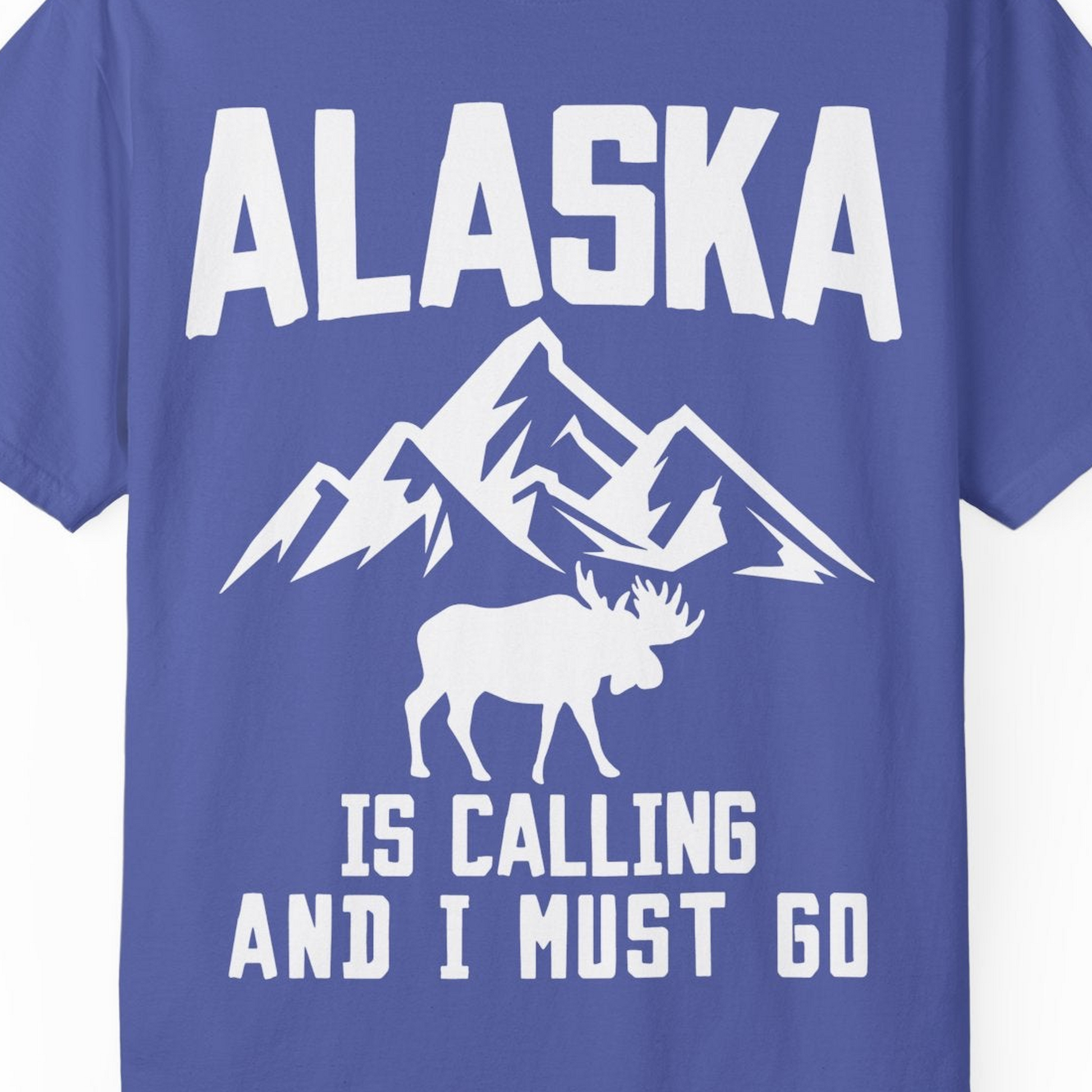Alaska Is Calling Moose Mountains Adventure Silhouette Nature Shirt — Comfort Comfort Colors T-Shirt – Periwinkle – Alaska Cruise Shirts Close Up