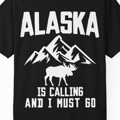 Alaska Is Calling Moose Mountains Adventure Silhouette Nature Shirt — Comfort Comfort Colors T-Shirt – Black – Alaska Cruise Shirts Close Up