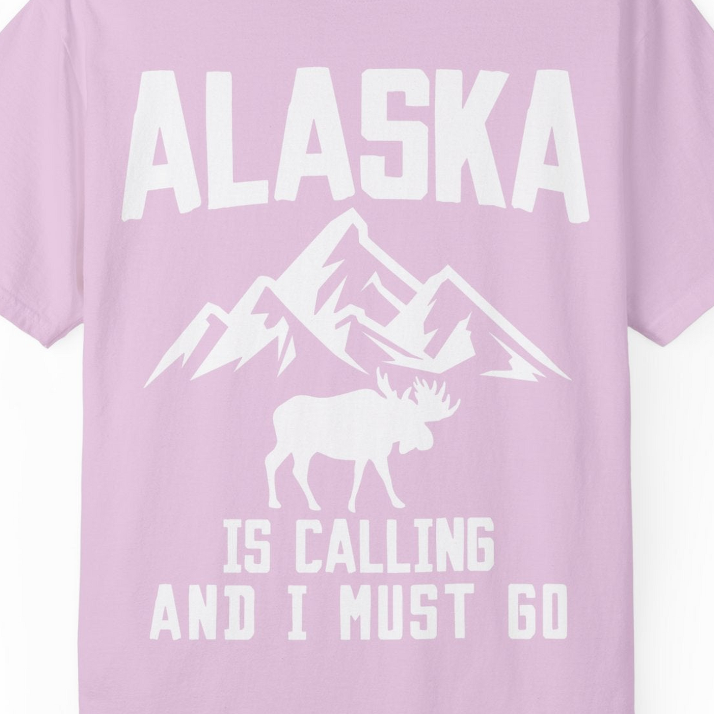 Alaska Is Calling Moose Mountains Adventure Silhouette Nature Shirt — Comfort Comfort Colors T-Shirt – Orchid – Alaska Cruise Shirts Close Up