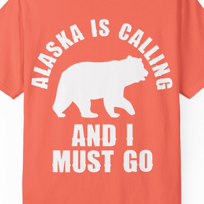 Alaska Is Calling Bear Silhouette Adventure Shirt Comfort Colors T-Shirt – Bright Salmon – Alaska Cruise Shirts Close Up