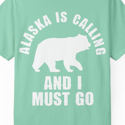 Alaska Is Calling Bear Silhouette Adventure Shirt Comfort Colors T-Shirt – Island Reef – Alaska Cruise Shirts Close Up