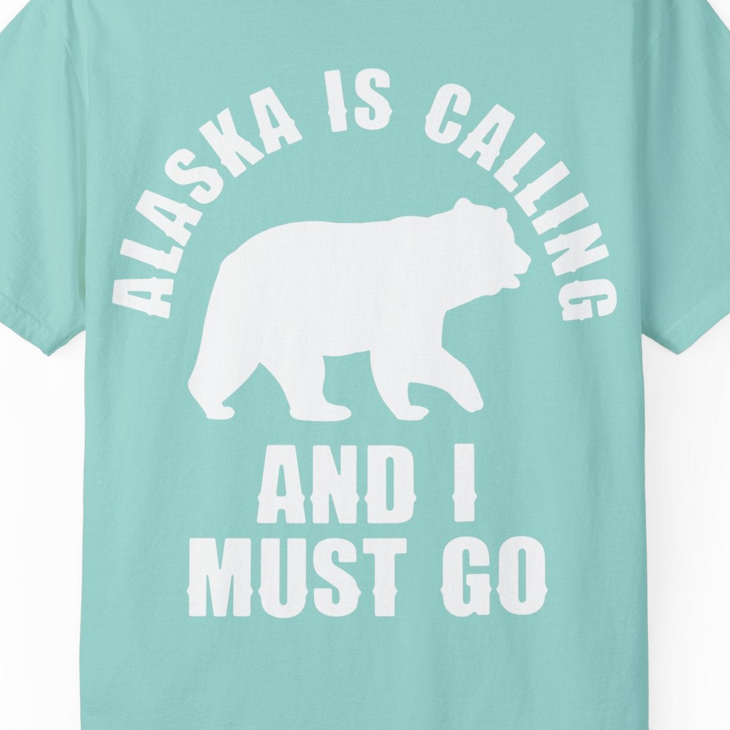 Alaska Is Calling Bear Silhouette Adventure Shirt Comfort Colors T-Shirt – Chalky Mint – Alaska Cruise Shirts Close Up