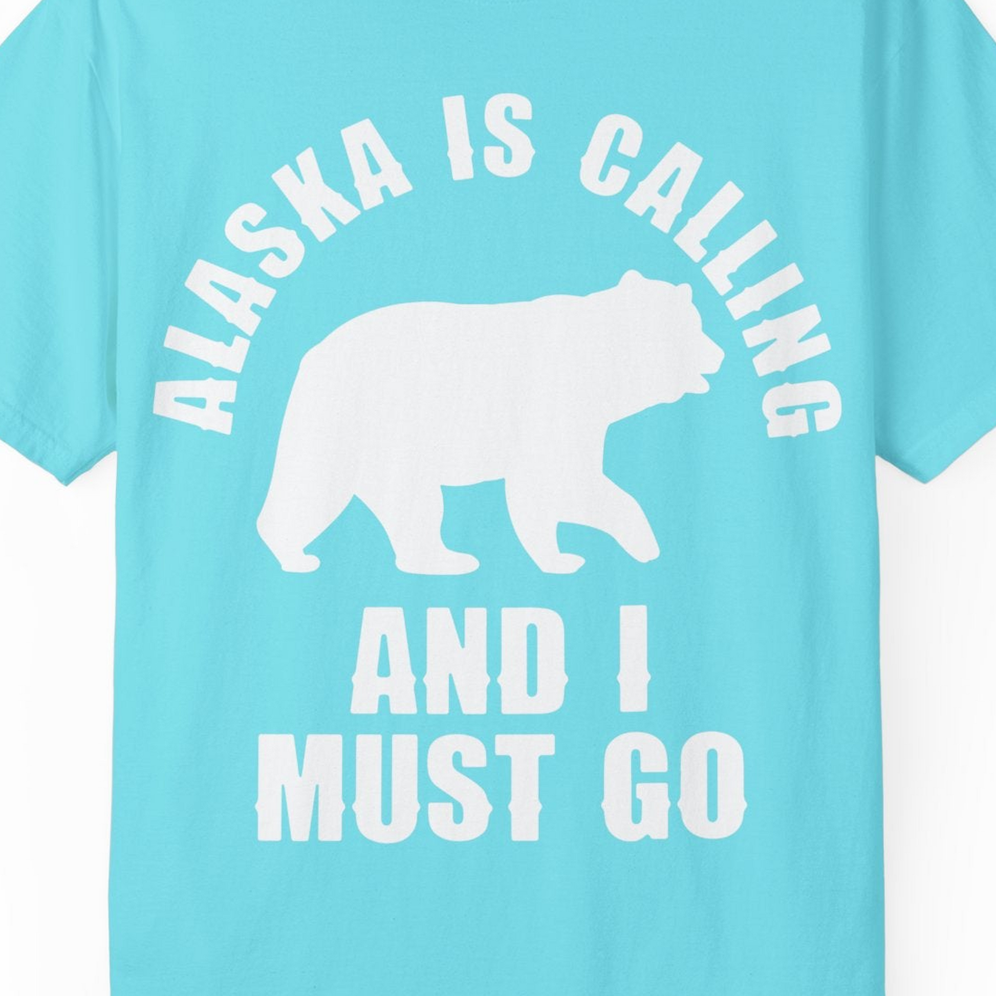 Alaska Is Calling Bear Silhouette Adventure Shirt Comfort Colors T-Shirt – Lagoon Blue – Alaska Cruise Shirts Close Up