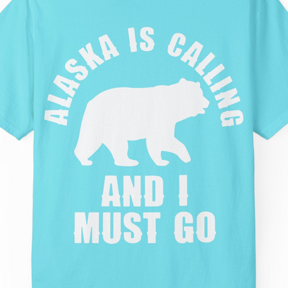 Alaska Is Calling Bear Silhouette Adventure Shirt Comfort Colors T-Shirt – Lagoon Blue – Alaska Cruise Shirts Close Up
