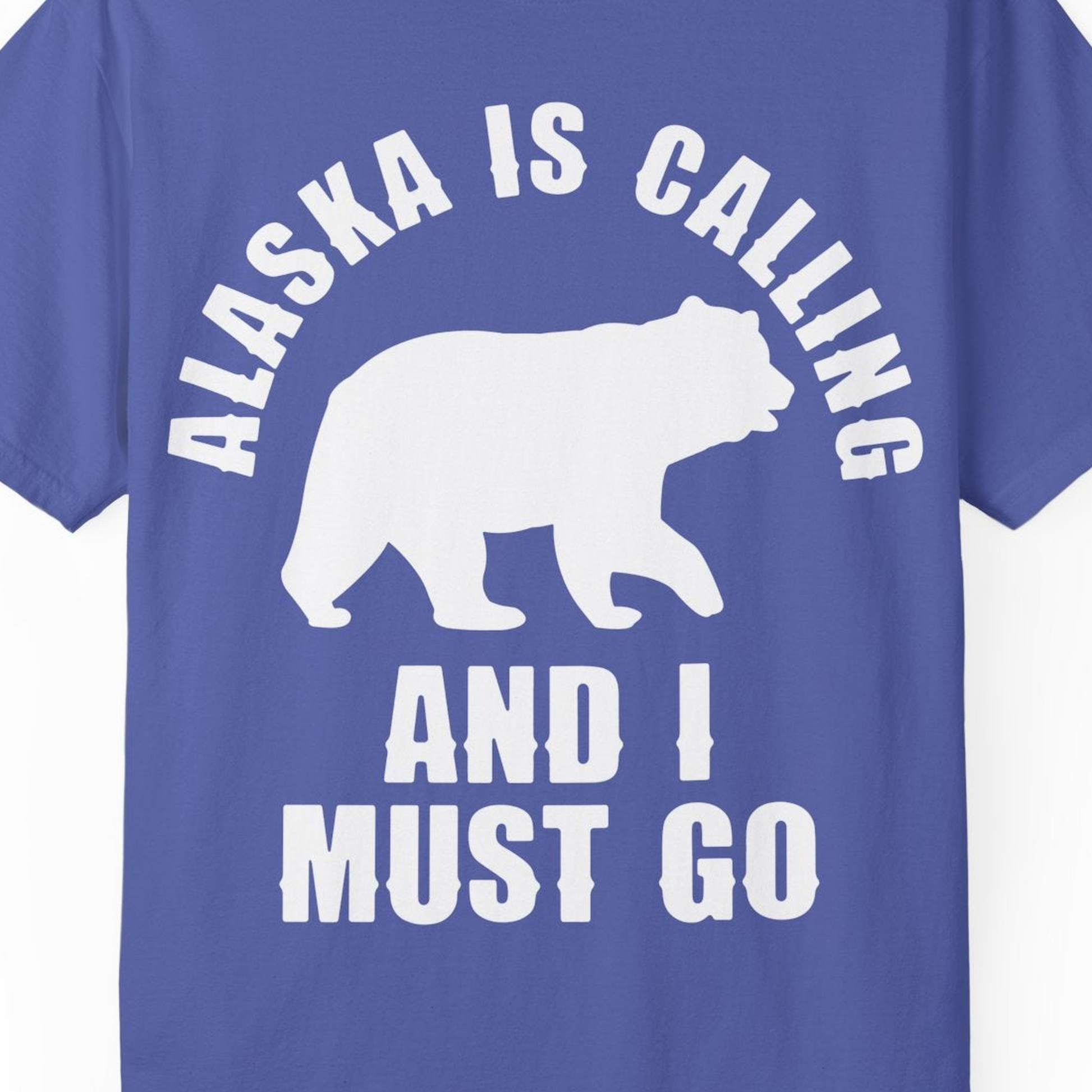 Alaska Is Calling Bear Silhouette Adventure Shirt Comfort Colors T-Shirt – Periwinkle – Alaska Cruise Shirts Close Up