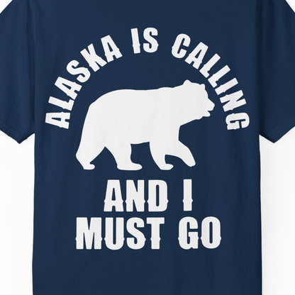 Alaska Is Calling Bear Silhouette Adventure Shirt Comfort Colors T-Shirt – Navy – Alaska Cruise Shirts Close Up