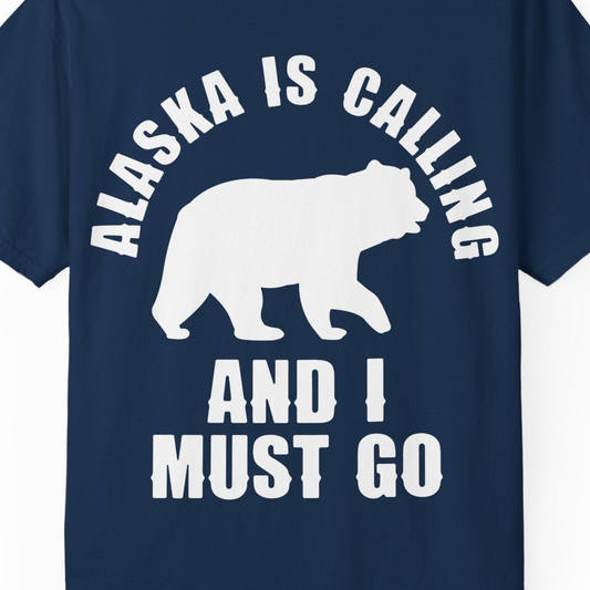 Alaska Is Calling Bear Silhouette Adventure Shirt Comfort Colors T-Shirt – Navy – Alaska Cruise Shirts Close Up
